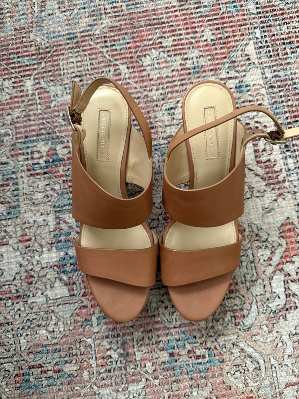 ANTONIO MELANI Cognac Leather Strappy Block Heel Sandals